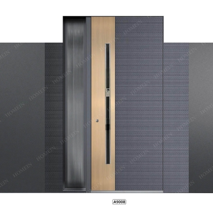 Picture of Dark Grey Carved Texture Metal Ma-So Door with Golden Decorative Metal Panels