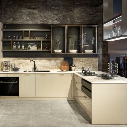 Picture of Modern Textured Lacquer Kitchen Cabinet - Beige & Black, Polished Stone, Gold Decorative Lines