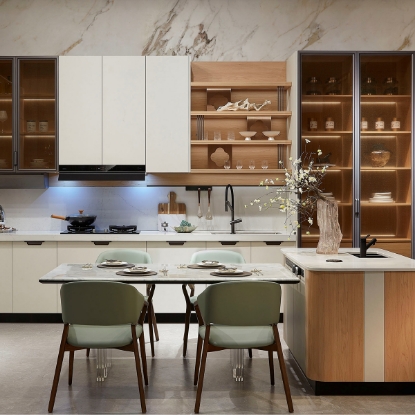Picture of Stylish Color - Block Kitchen Cabinet, Wood Elements, Glass Doors, Combined Dining & Cooking