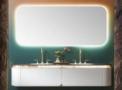Picture of Modern Luxury Floating White Bathroom Vanity with Black Countertop