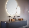 Picture of Modern Blue Double Bathroom Vanity with Brass Vessel Sinks