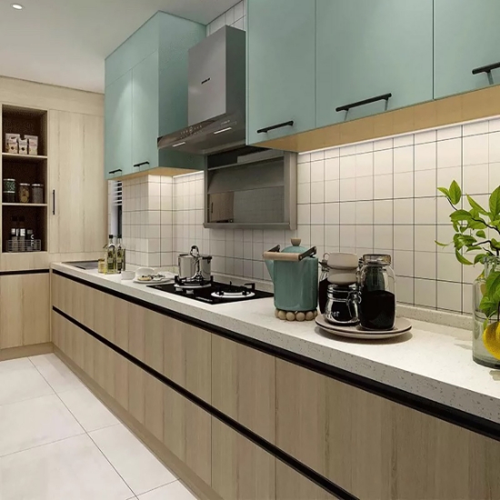 Picture of Modern Minimalist Integrated Kitchen Cabinets in Log Color + Mint Green