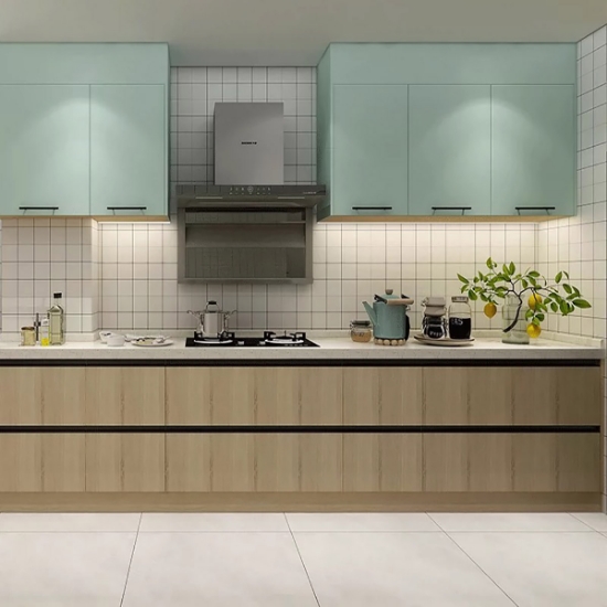 Picture of Modern Minimalist Mint Green + Wood Color Linear Kitchen Cabinets