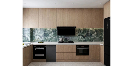 Picture of Modern Log - Style Kitchen Cabinet Combination (with Marble - Patterned Backsplash)